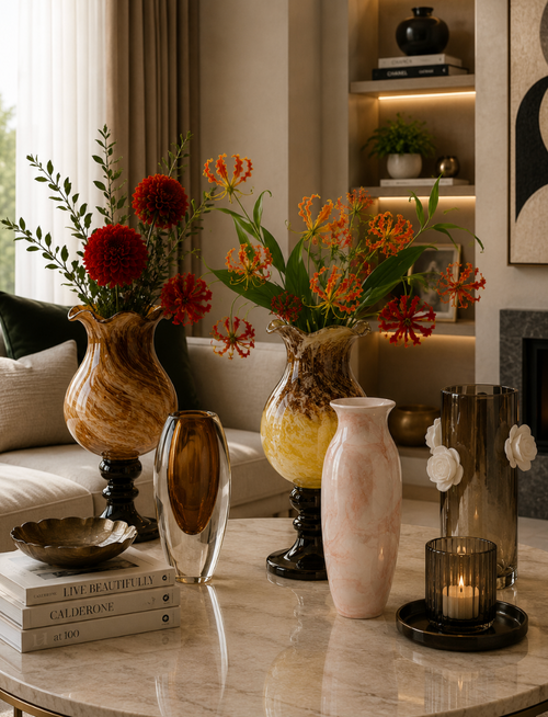 Blush Marble Decorative Glass Vase – 34cm.