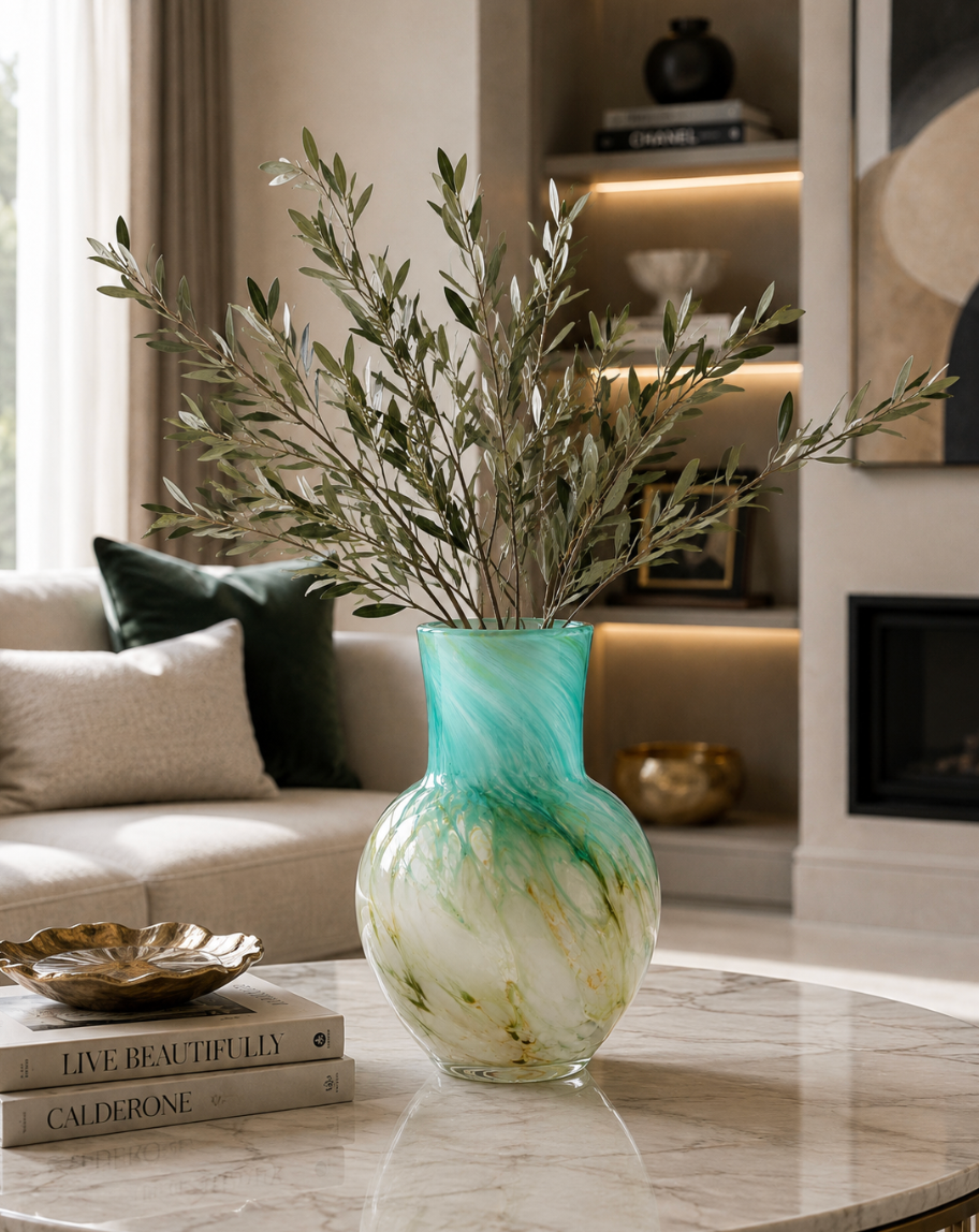 Decorative Glass Vase – Aqua & Ivory Marble Design. Item No: WS.26-164