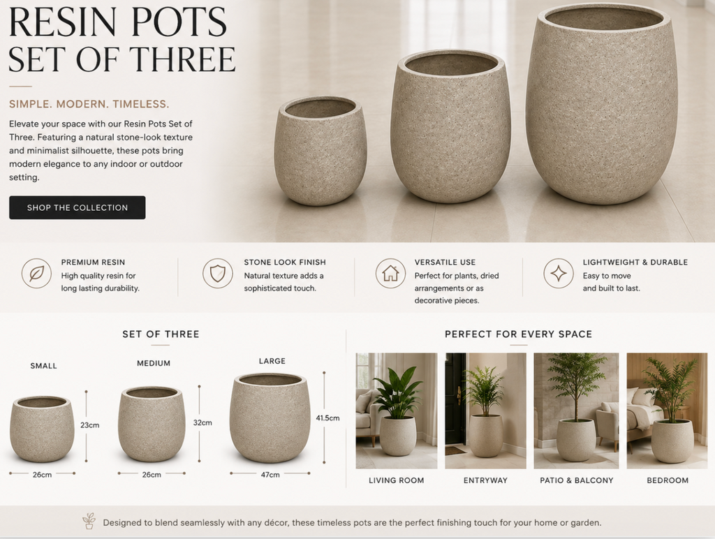 Resin Planter Set of 3 – Stone Look Finish.   Item No: WS.26-100