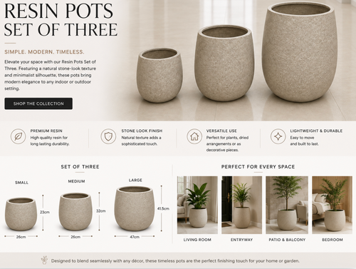 Resin Planter Set of 3 – Stone Look Finish.