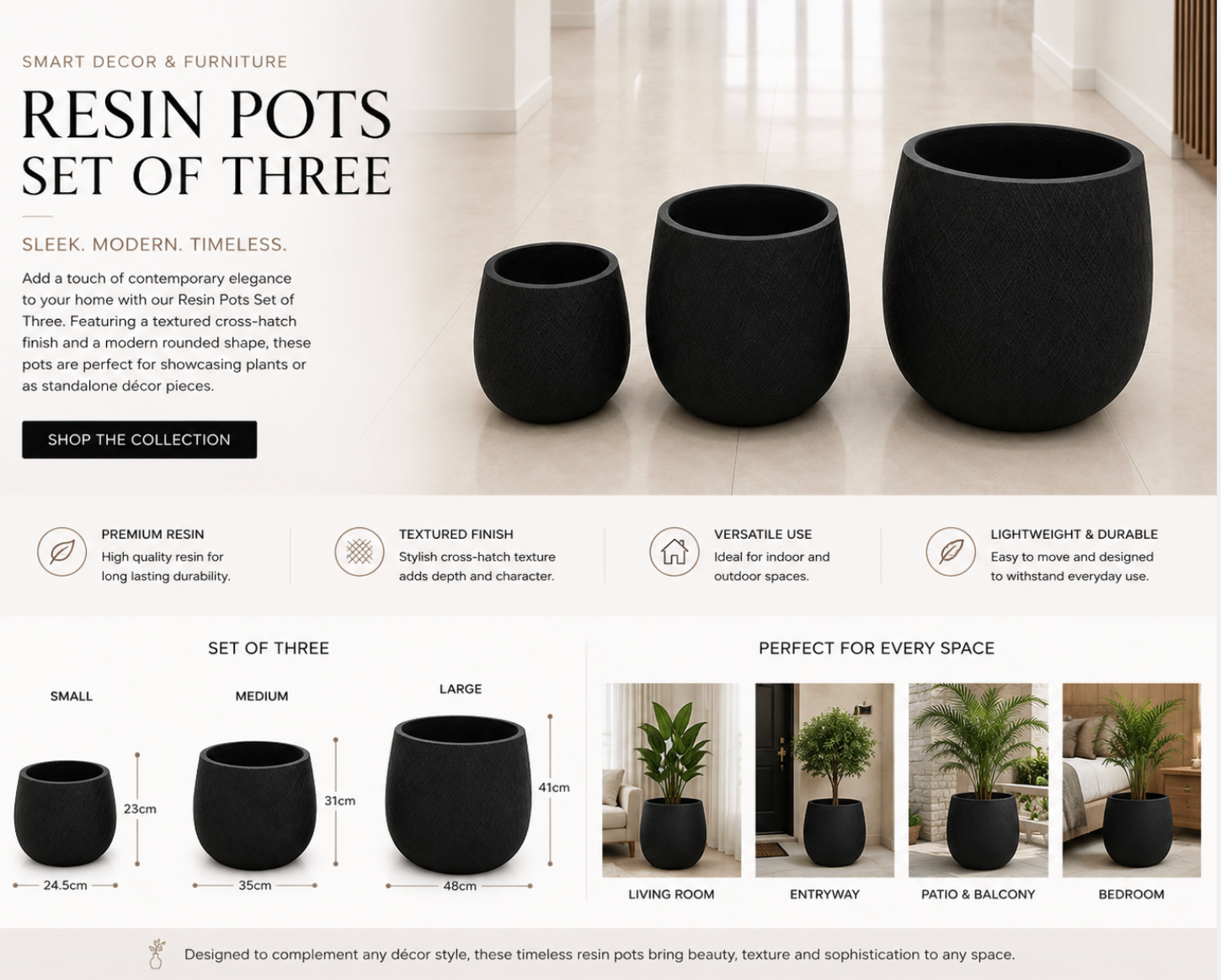 Resin Pots Set of 3 – Textured Black.  Item No: WS. 26- 102