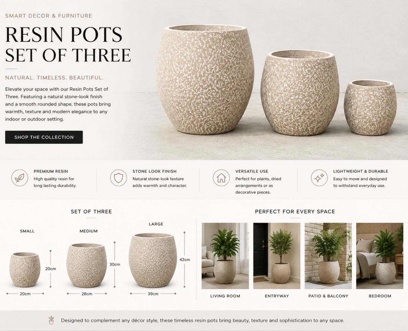 Resin Pots Set of 3 – Speckled Stone Finish.  Item No: WS. 26-101