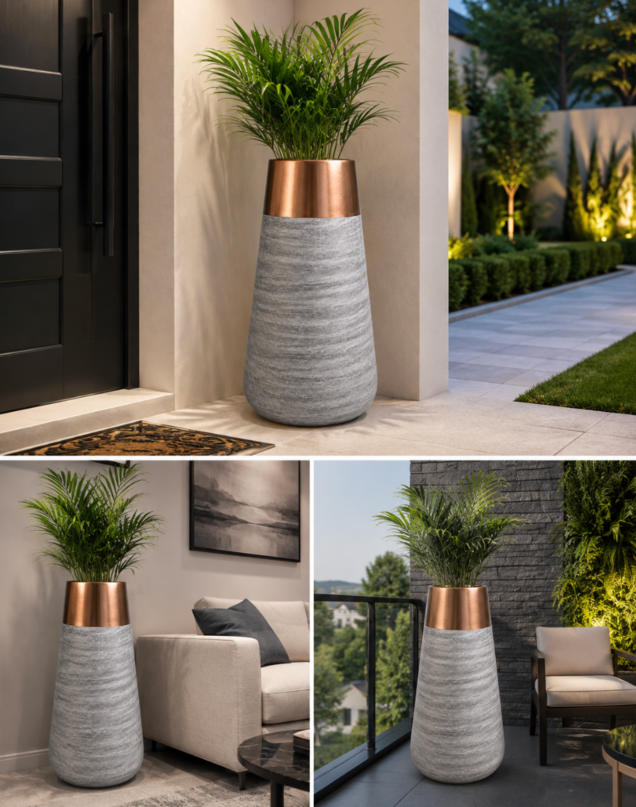 Modern Resin Planter Pot – Grey & Copper | 30 × 70 cm