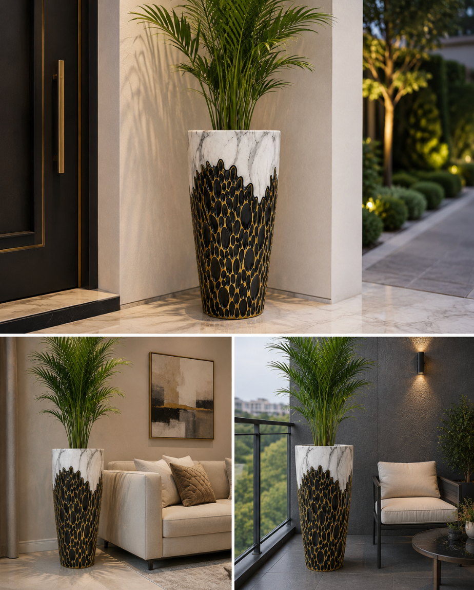 Luxury Marble Resin Planter Pot – Black & Gold | 33 × 70 cm