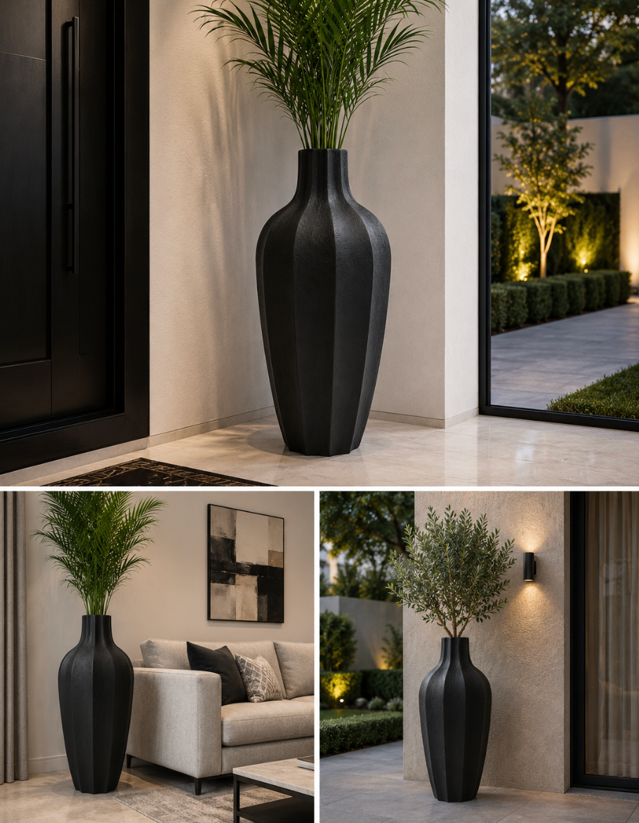 Modern Faceted Black Resin Planter Pot – 36 × 90 cm