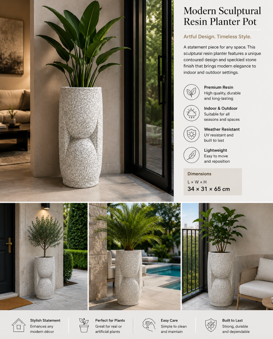 Modern Sculptural Speckled Resin Planter Pot – 34 × 31 × 65 cm