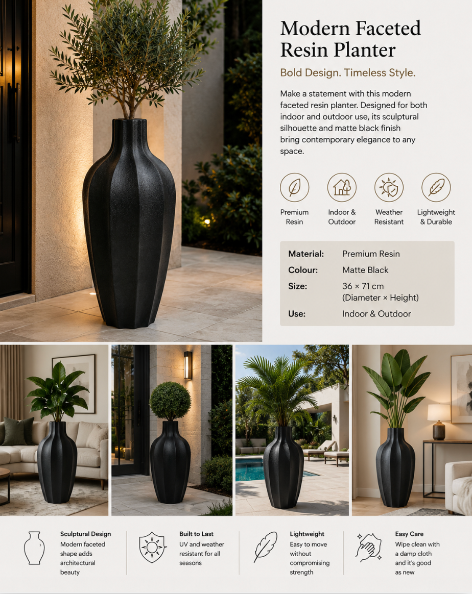 Modern Faceted Resin Planter – Black (36 × 71 cm)