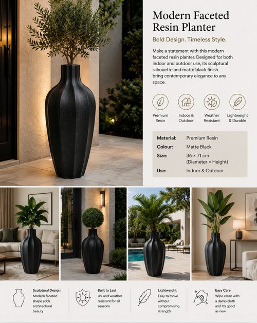 Modern Faceted Resin Planter – Black (36 × 71 cm)