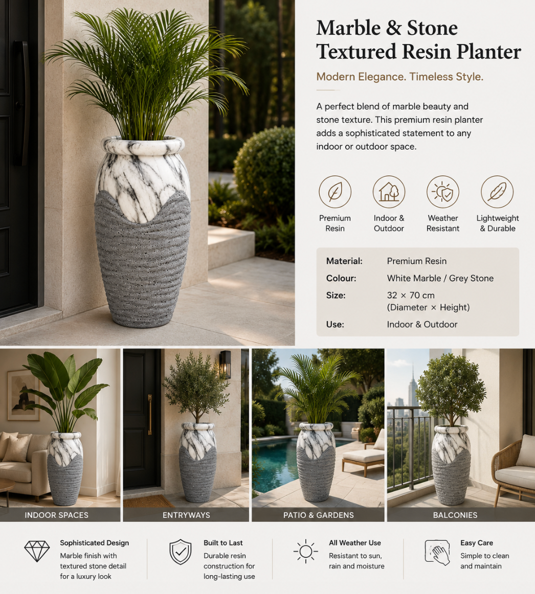 Marble & Stone Textured Resin Planter – 32 × 70 cm