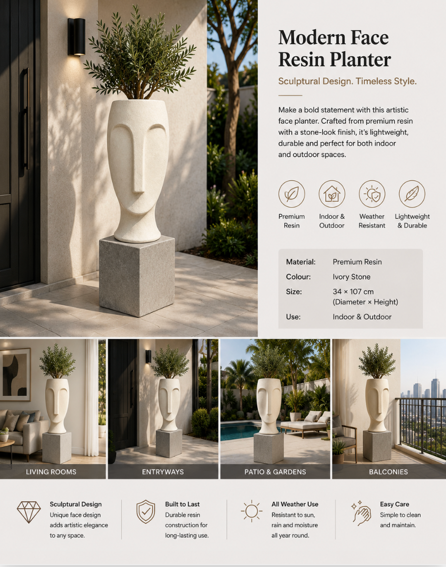 Modern Face Resin Planter on Pedestal – Indoor & Outdoor Decorative Pot | 34 × 107 cm