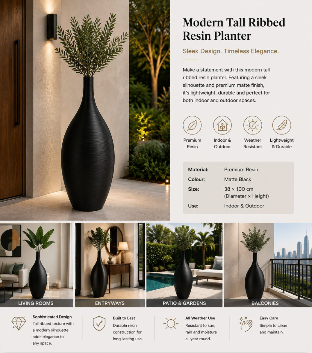 Modern Tall Ribbed Resin Floor Planter – Matte Black | Indoor & Outdoor | 38 × 100 cm