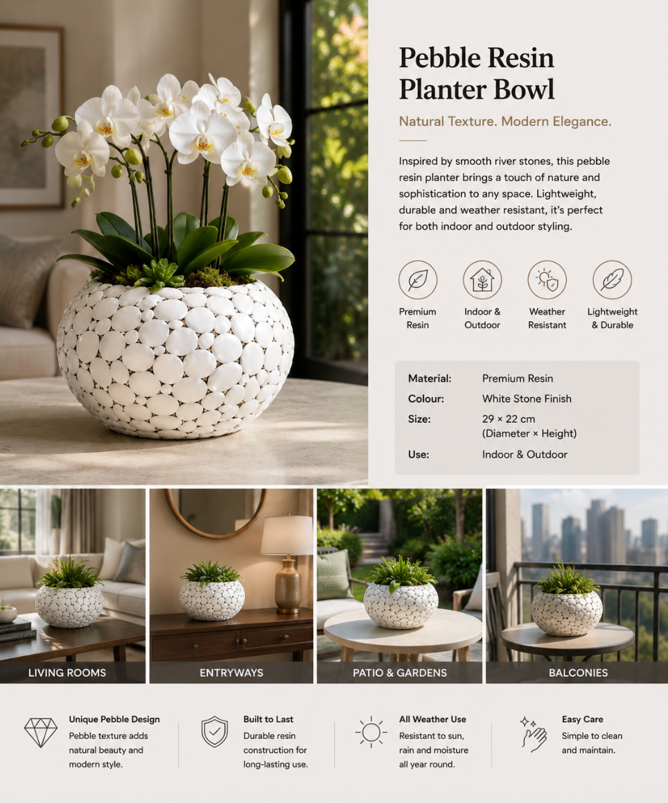 Modern Pebble Resin Planter Bowl – White Stone Finish | Indoor & Outdoor | 29 × 22 cm