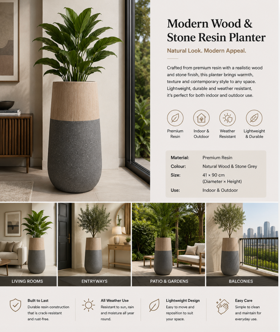 Modern Wood & Stone Resin Planter Pot – Indoor & Outdoor – 41 × 90 cm