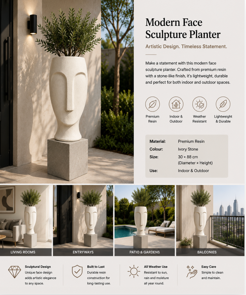 Modern Face Sculpture Resin Planter Pot – Indoor & Outdoor – 30 × 88 cm