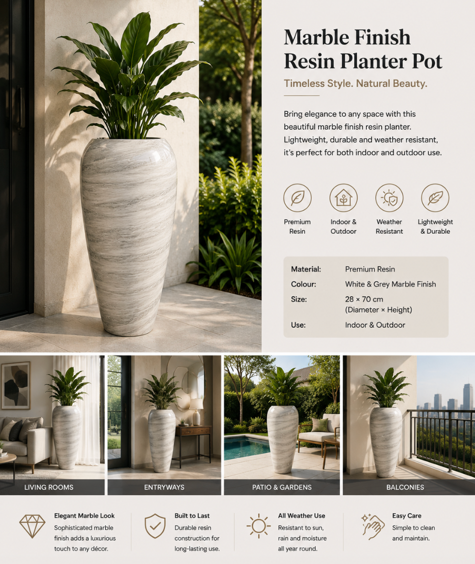 Marble Finish Resin Planter Pot – Indoor & Outdoor – 28 × 70 cm