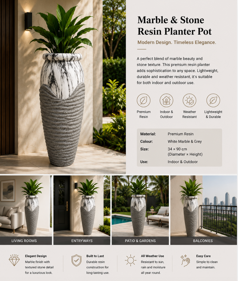 Modern Marble Resin Planter Pot – Indoor & Outdoor –  34×90cm