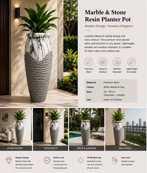 Modern Marble Resin Planter Pot – Indoor & Outdoor –  34×90cm