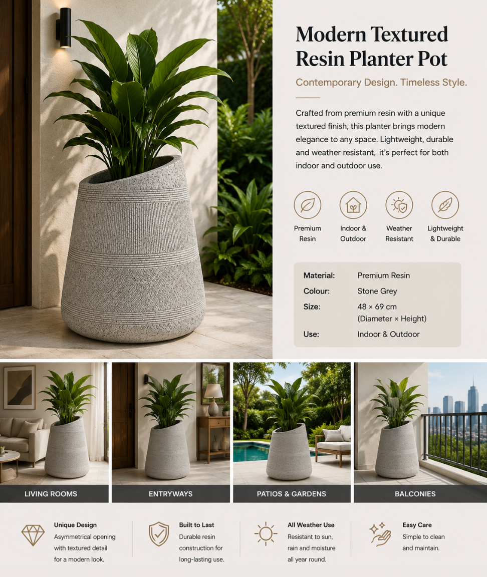 Modern Textured Resin Planter Pot – Indoor & Outdoor – 48 × 69 cm