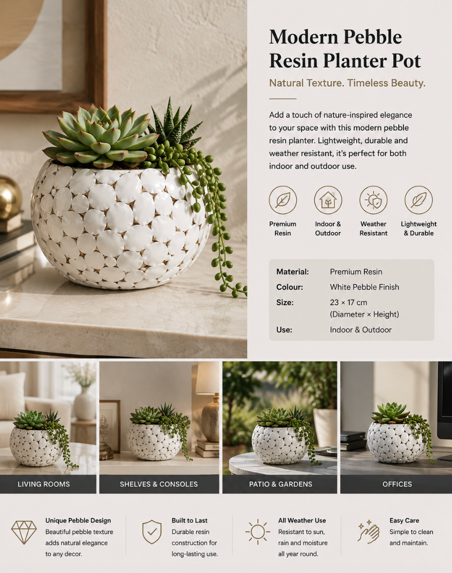 Modern Pebble Resin Planter Pot – Indoor & Outdoor – 23 × 17 cm