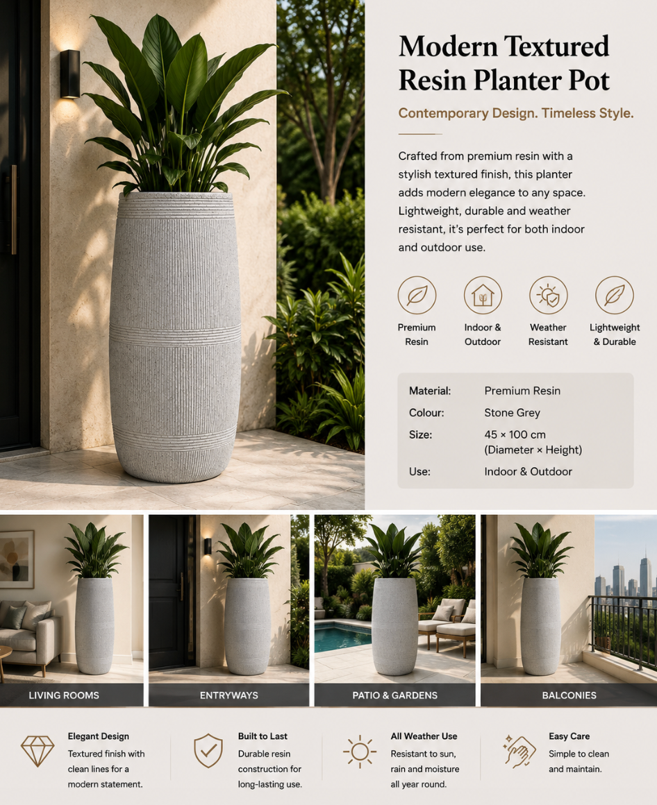 Modern Textured Resin Planter Pot – Indoor & Outdoor – 45 × 100 cm