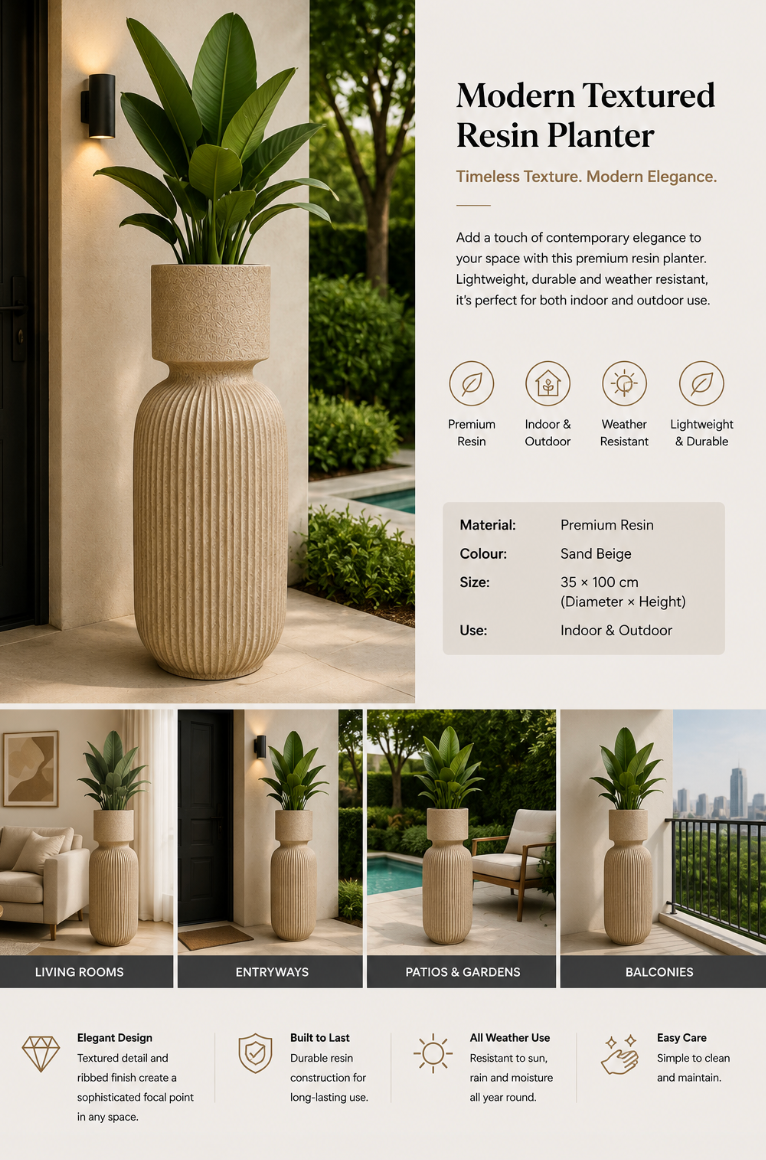 Modern Textured Resin Planter – Sand Beige (35 × 100 cm)