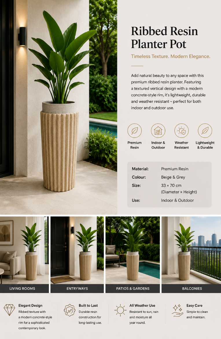 Modern Ribbed Resin Planter Pot – 33 × 70 cm
