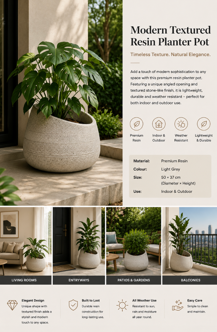 Modern Textured Resin Planter Pot – 50 × 37 cm