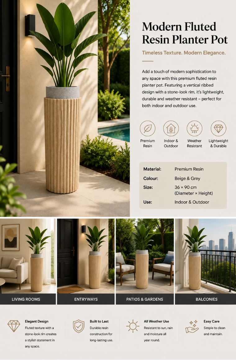 Modern Fluted Resin Planter Pot – 36 × 90 cm