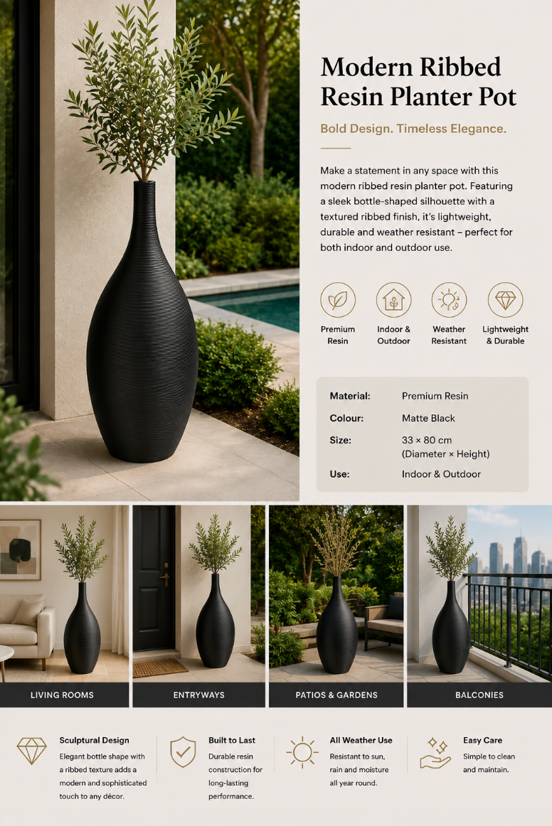 Modern Ribbed Resin Planter Pot – 33 × 80 cm