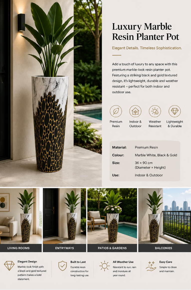 Modern Marble & Gold Resin Planter Pot – 36 × 90 cm