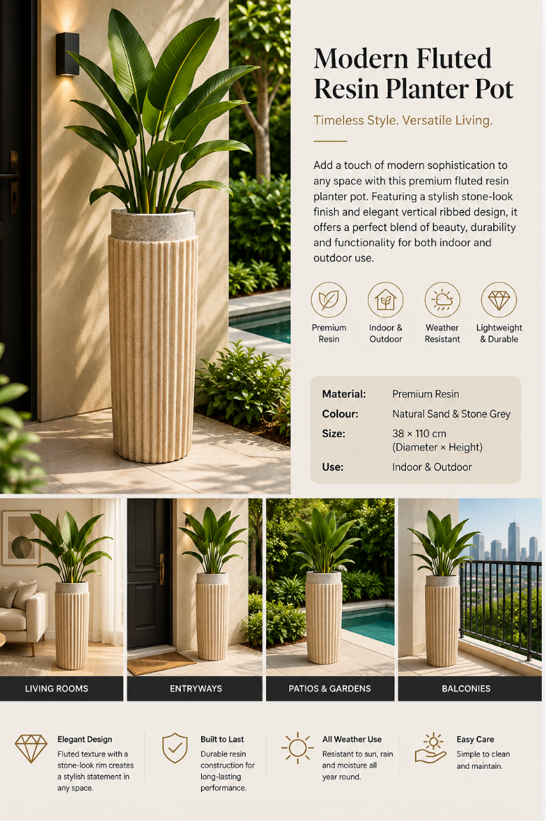 Modern Fluted Resin Planter Pot – 38 × 110 cm