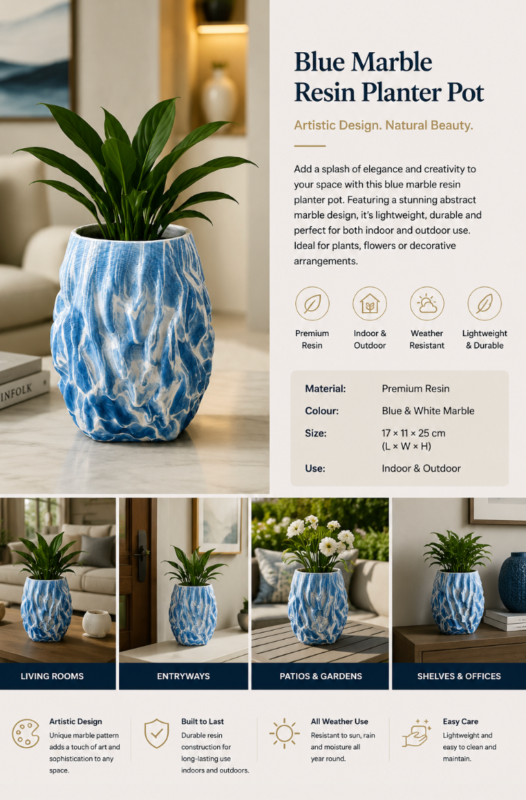 Blue Marble Abstract Resin Planter Pot – 17 × 11 × 25 cm