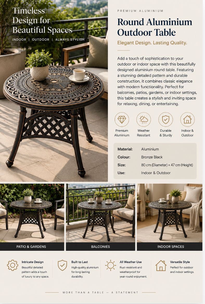 Premium Cast Aluminium Round Outdoor Table – 80 cm