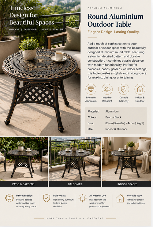 Premium Cast Aluminium Round Outdoor Table – 80 cm