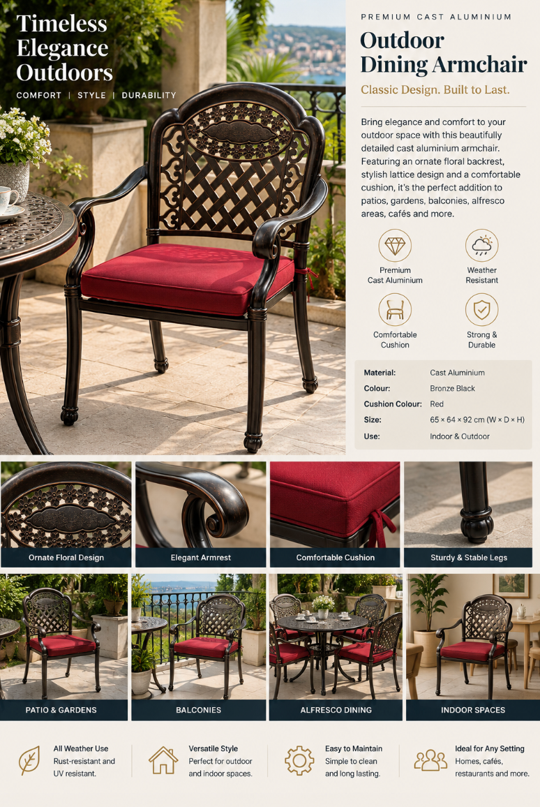 Ornate Cast Aluminium Outdoor Armchair – 65 × 64 × 92 cm