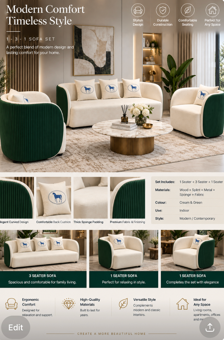 Modern 1–3–1 Sofa Set – Cream & Green