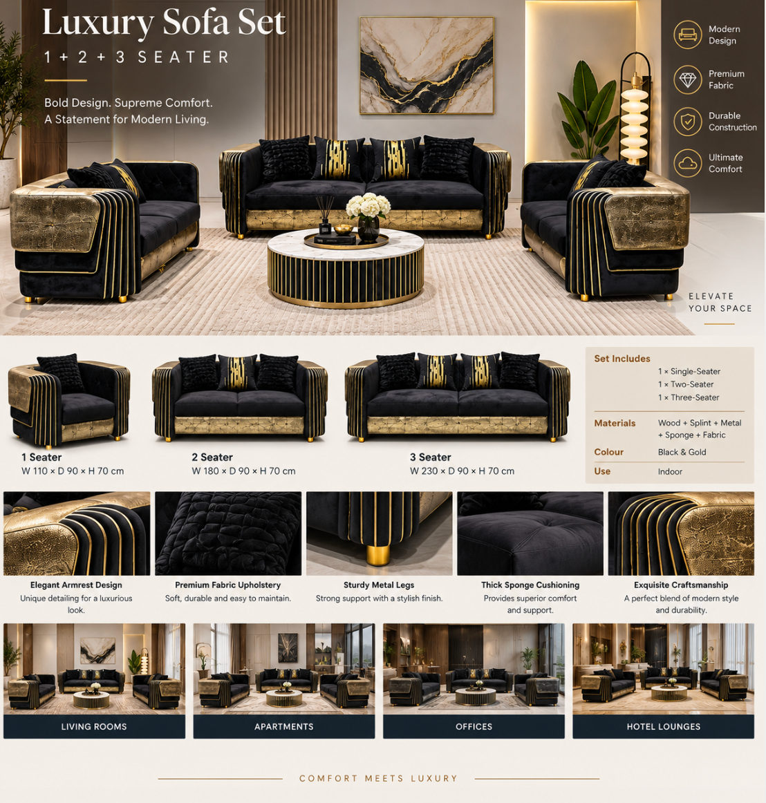 Luxury Black & Gold Fabric Sofa Set – 1+2+3 Seater