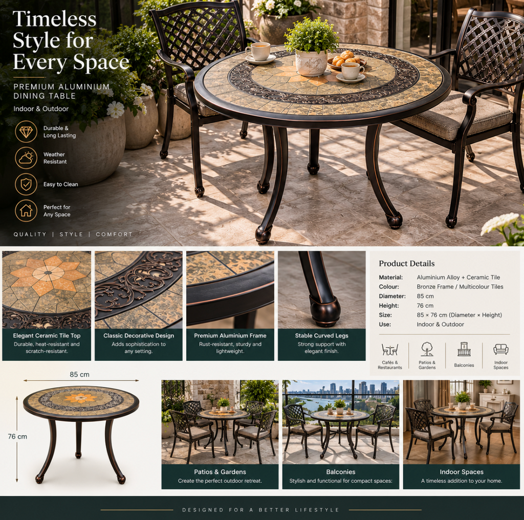Premium Round Aluminium Dining Table with Ceramic Tile Top – 85 × 76 cm