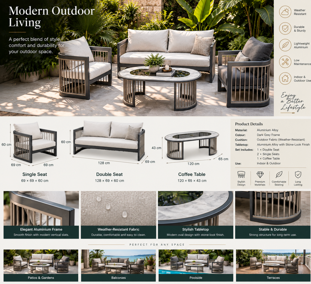 Premium Aluminium Outdoor Lounge Set – 2 Single Seats + 1 Double Seat + Coffee Table