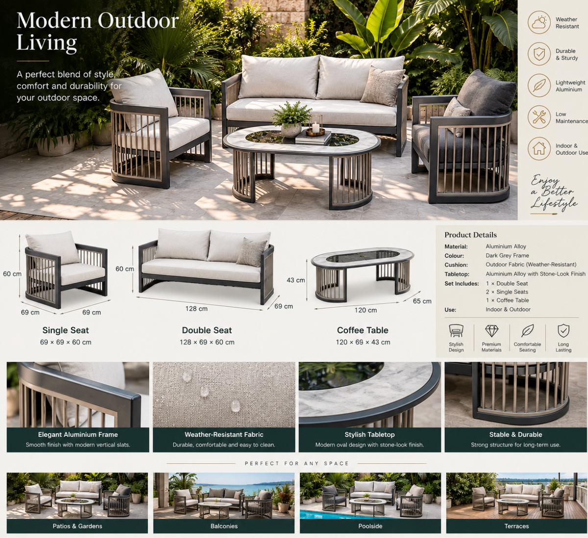 Premium Aluminium Outdoor Lounge Set – 2 Single Seats + 1 Double Seat + Coffee Table