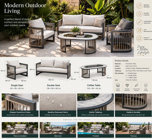 Premium Aluminium Outdoor Lounge Set – 2 Single Seats + 1 Double Seat + Coffee Table