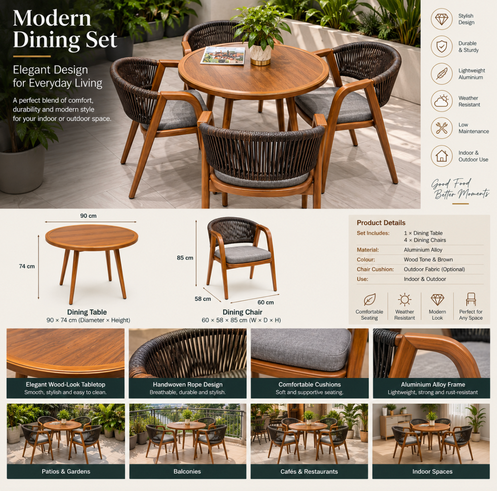 Outdoor Aluminium Alloy Dining Set – 5 Piece (1 Table + 4 Chairs)