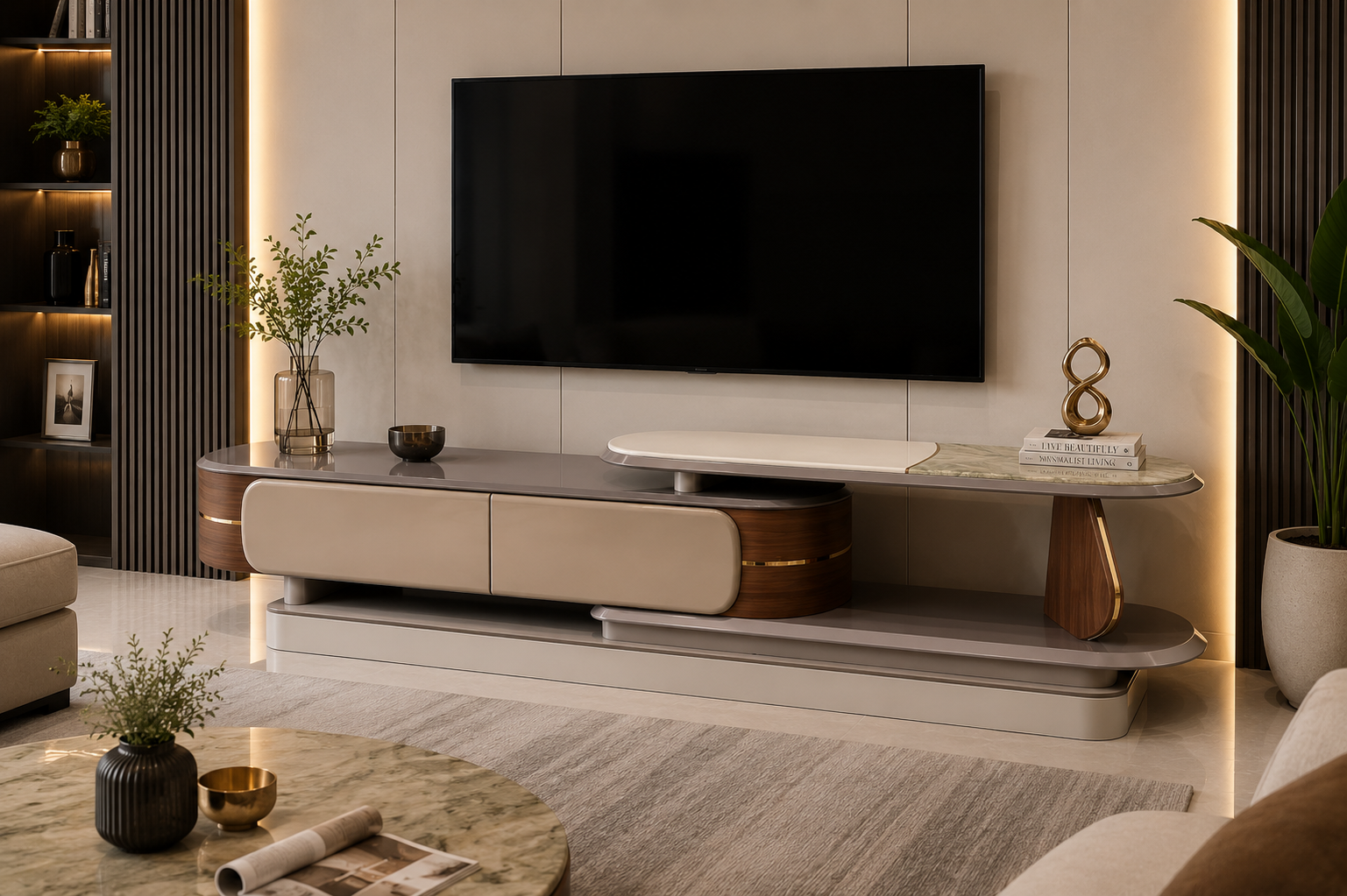 Modern Luxury TV Unit with Marble Display Shelf  Size: 210 × 40 cm. ITEM NO: TVH58