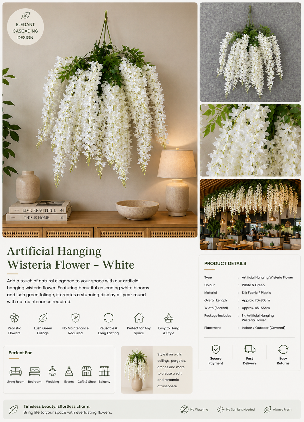 Artificial Hanging Wisteria Flower – White