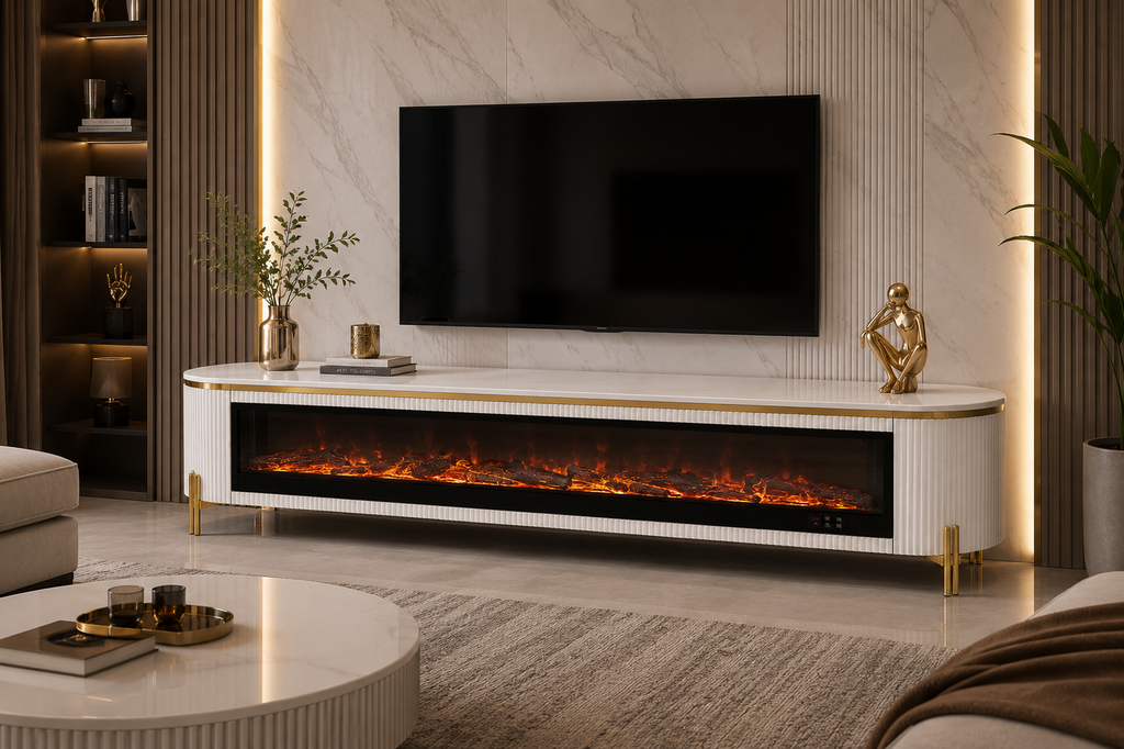 Modern Electric Fireplace TV Unit – White & Gold  Size: 200 × 40 cm. Item NO:TVA45F-white