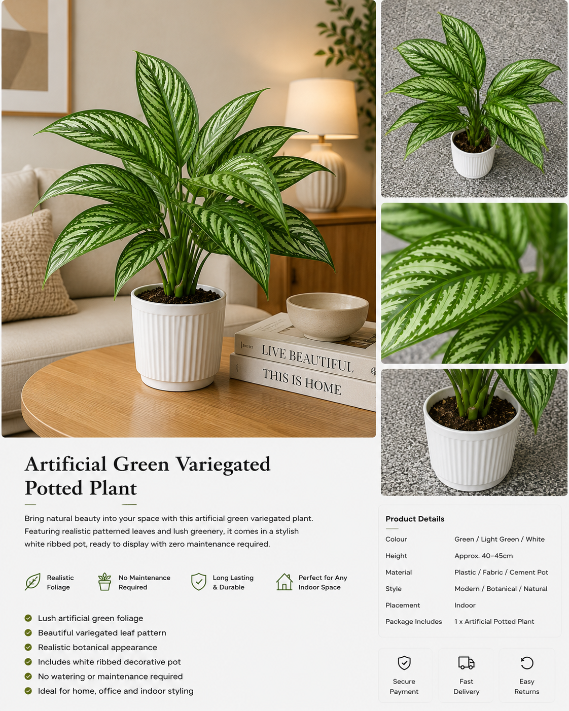 Artificial Green Variegated Potted Plant