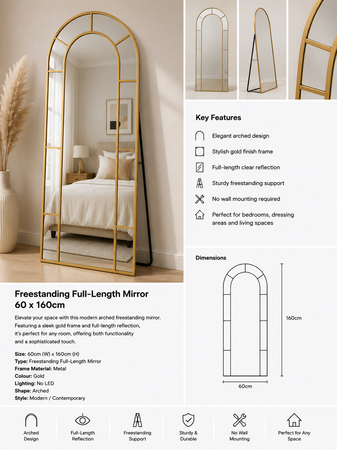 Modern Gold Arched Freestanding Full-Length Mirror – 60 × 160cm