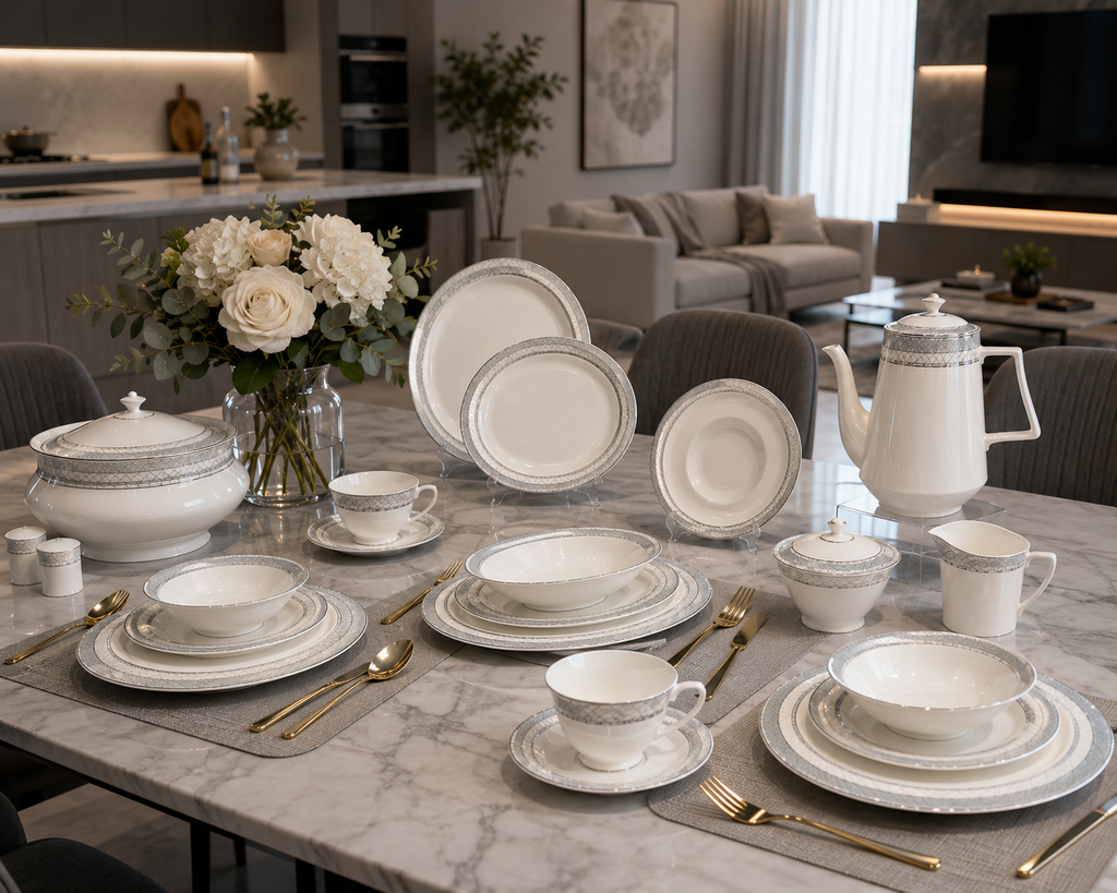 Imperial Silver 67-Piece Bone China Dinner Set. item No: BL67-22