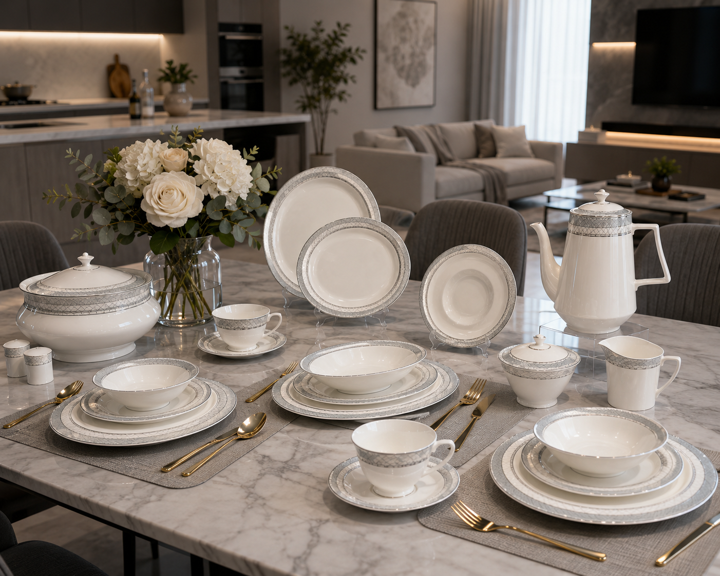 Imperial Silver 67-Piece Bone China Dinner Set. item No: BL67-22