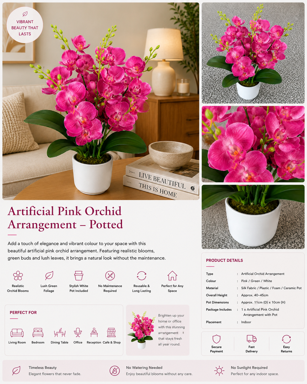 Artificial Pink Orchid Arrangement – Potted